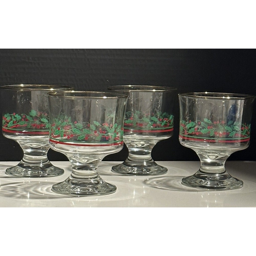 Arby’s Christmas Holly Berry Bow Stem Holly Vtg Goblets Libbey Parfait Bowl Set - Picture 2 of 16